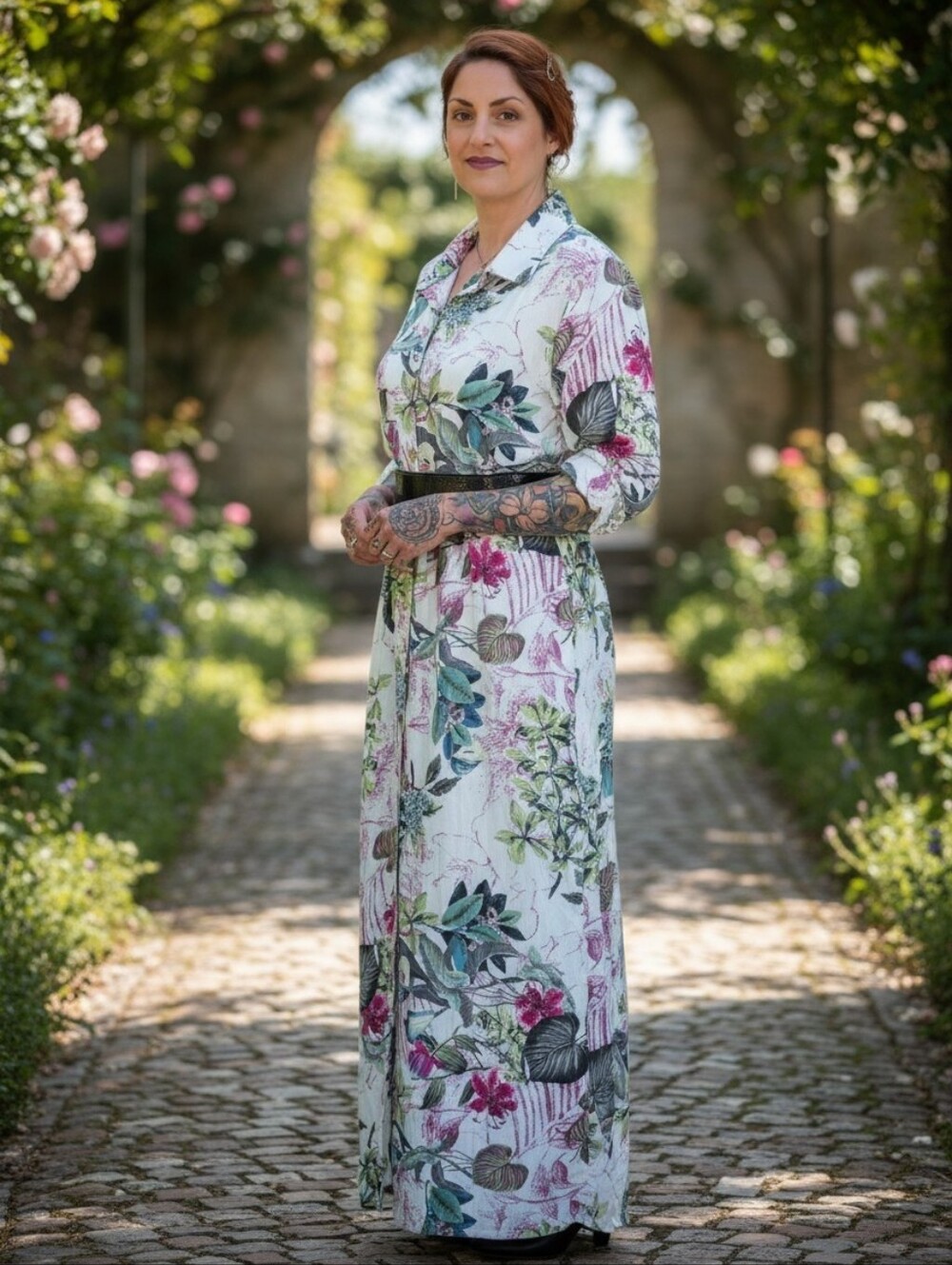 Botanical Floral Cotton Maxi Shirt Dress Linen Look Pockets Womens Size L